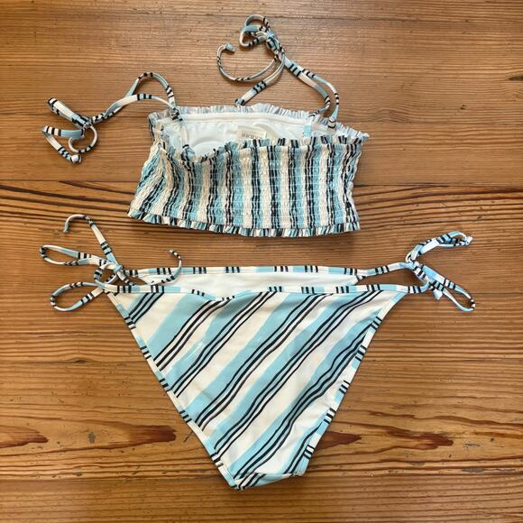 H&M blue black white striped smocked tie top bikini swimsuit SIZE M - Picture 6 of 6